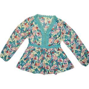 Matilda Jane Kookaburra Top, Women Size L, Peasant Boho, Floral & Lace Teal Pink